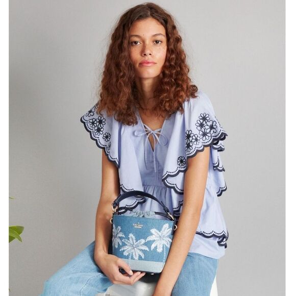 NWT|Kate Spade Blue Daisy Ruffle Blouse, XS - Picture 2 of 6